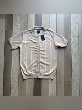 Marc Asher Men's Short Sleeve Button Polo in Beige with White Stripes size L NWT